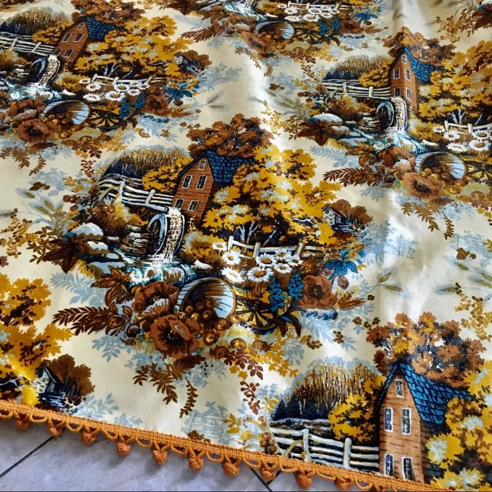 Vintage 70s Country Cottage Water Wheel Tapestry Pom Pom Edges | 56” x 72”